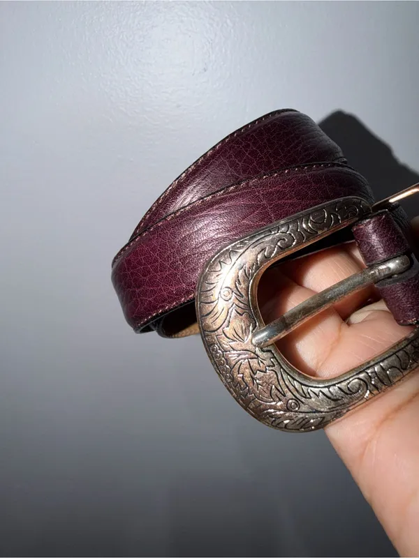 Full Grain Cowhide Leather Belt 36 Burgundy Silver Tone Buckle‎ USA Style - Image 3