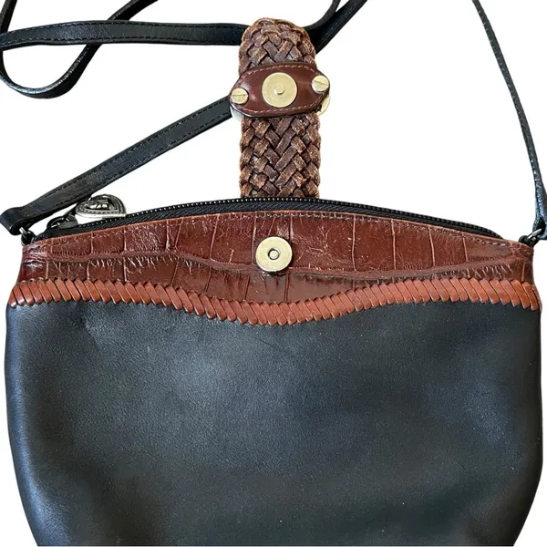 Brighton Vintage Crossbody Bag Black Leather Brown Croc Embossed Heart Accent - Image 4