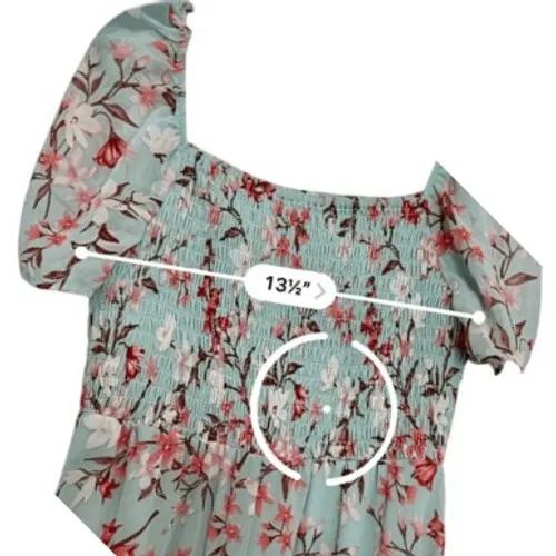 As You Wish Green Floral Chiffon Smocked Asymmetrical Dress LARGE Cottage Flowy‎ - Image 7