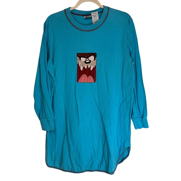 Vintage‎ 1997 Looney Tunes Taz Nightshirt Teal Cotton Long Sleeve Medium - Image 9