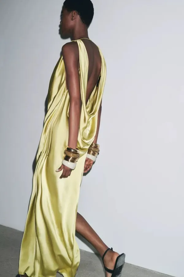 Zara maxi dress zwcollection satin flowy Sleeveless Lime evening party wedding - Image 14