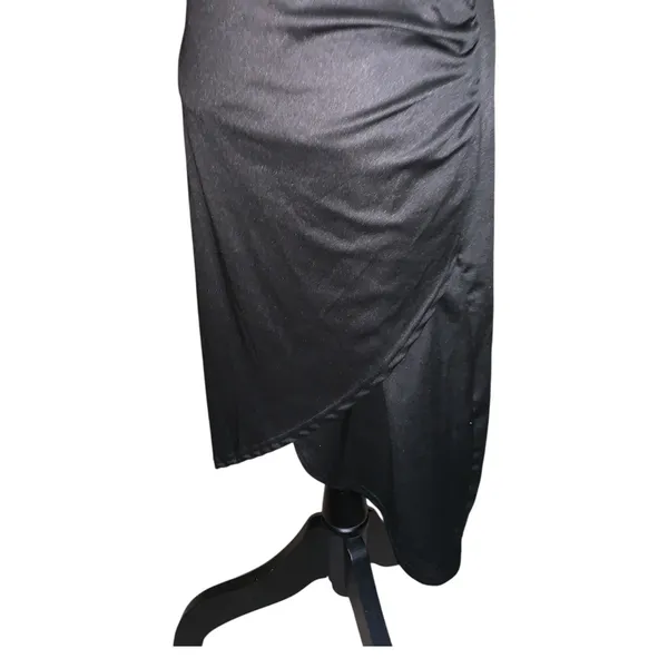 Women's V Neck Ruffle and Trim Wrap Hem Cap Sleeve Bodycon Midi Dress Satin Black - Image 5
