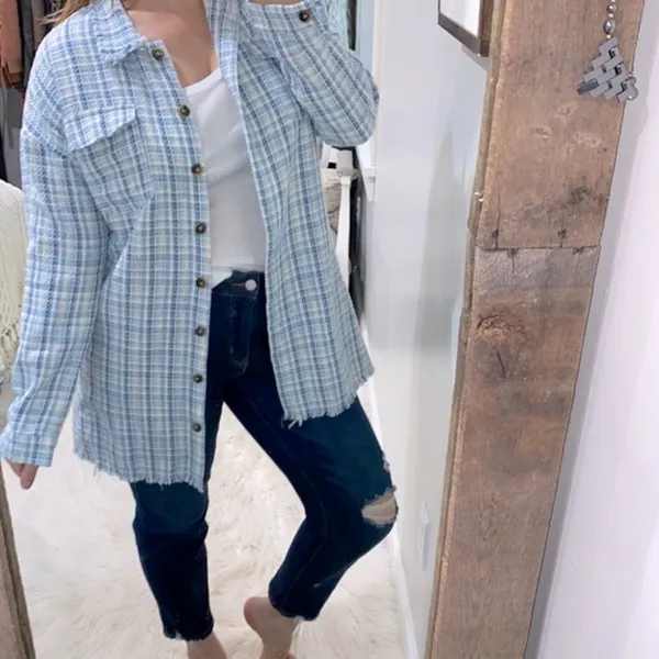 SHEIN trendy blue tweed shirt jacket size large - Image 3