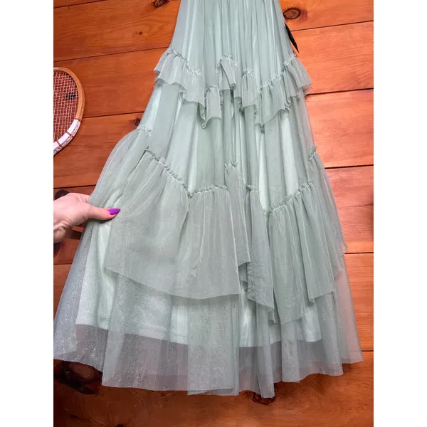 NWT Lulus Stunning Personality Sage Green Mesh Off-the-Shoulder Maxi Dress Sz XS - Image 6