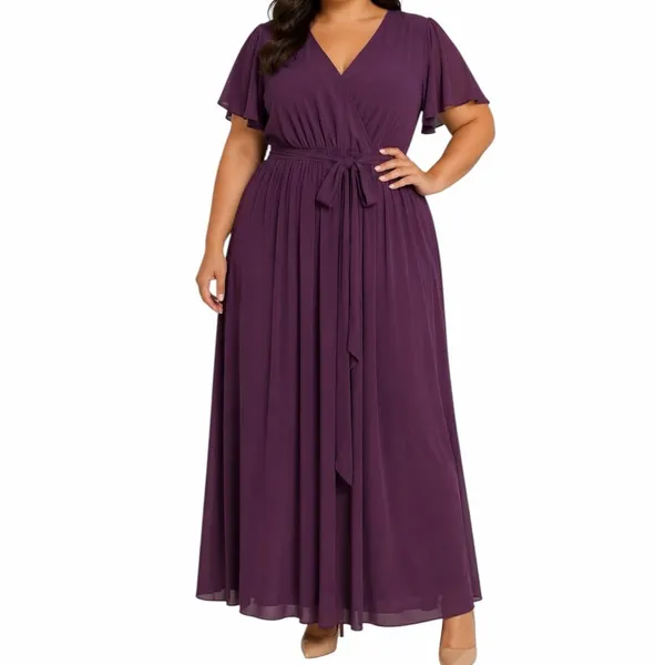 Baltic Born Maxi Dress 3XL Wrap V Neck Flutter Sleeve Belted Plum Purple Gown - Image 12