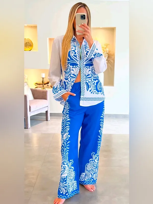 NWT! Zara Satin Floral Print High Waist Trousers Blue & White Size S - Image 2