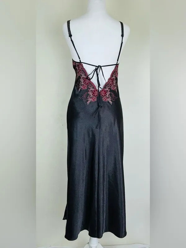 Vintage Black Satin Slip Dress Burgundy Embroidered Lace Maxi S - Image 6