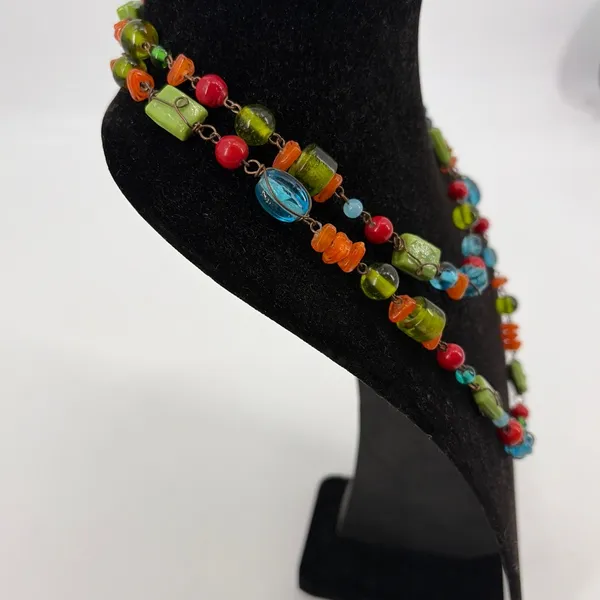 Vtg Lampwork Glass Bead Necklace Artisan Colorful Boho Long Y2K Indie Festival - Image 4