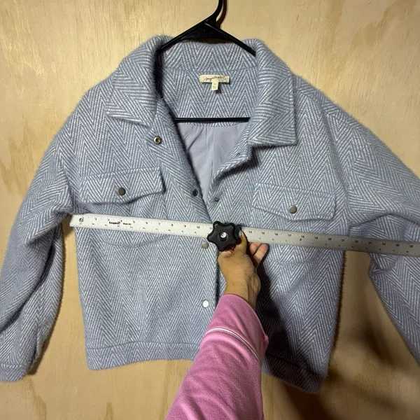 Mystree Women's M Blue Herringbone Wool Blend Cropped Shacket Snap Front Jacket - Image 5