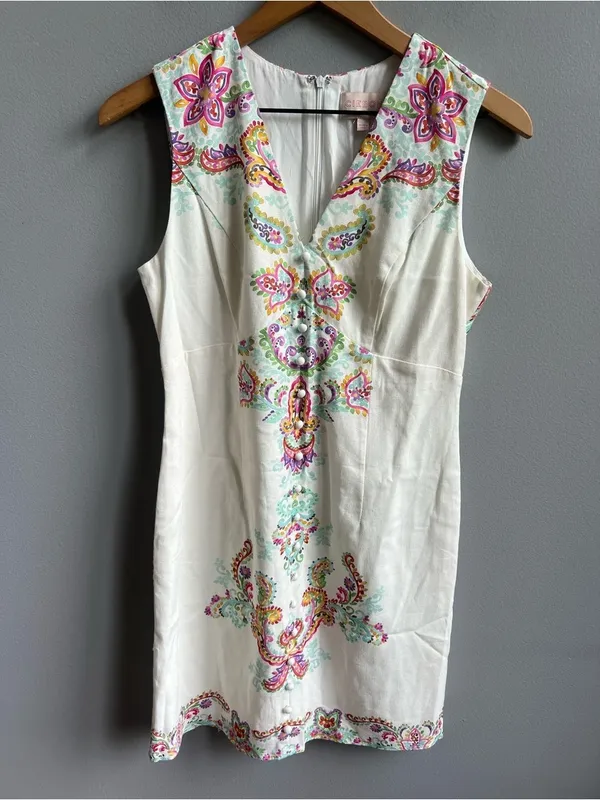 Anthropologie Ciebon White Embroidered V-Neck Shift Dress Floral Sleeveless XS - Image 4