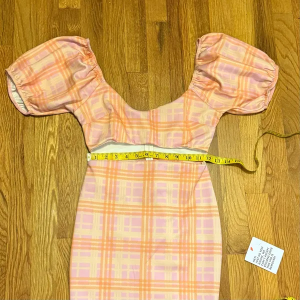 ASOS Design Women’s 6 Pink Orange Plaid Cut Out Puff Sleeve Zipper Mini Dress - Image 6
