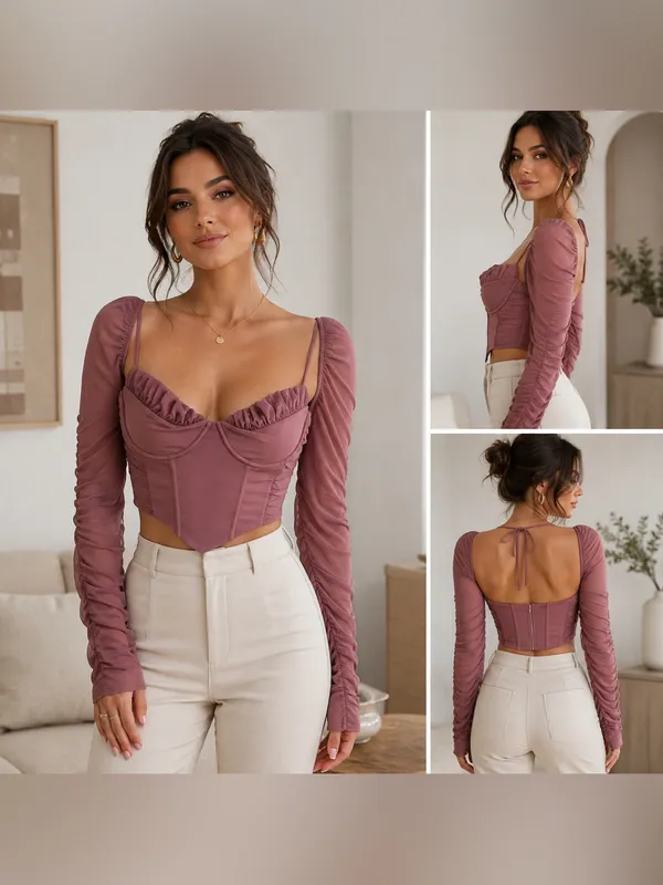 White Fox Mauve Corset Crop Top Women’s 2XL Ruched Mesh Long Sleeve NWT - Image 2