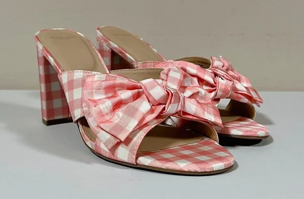 Draper James RSVP Pink White Gingham Plaid Checkered Bow Peep-Toe Open-Toe Heels Sandals Slides Shoes Size 8.5 🤍🩷 - Image 4