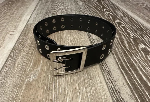 Black Faux Leather Belt W Silver Buckle Bought At - Image 2