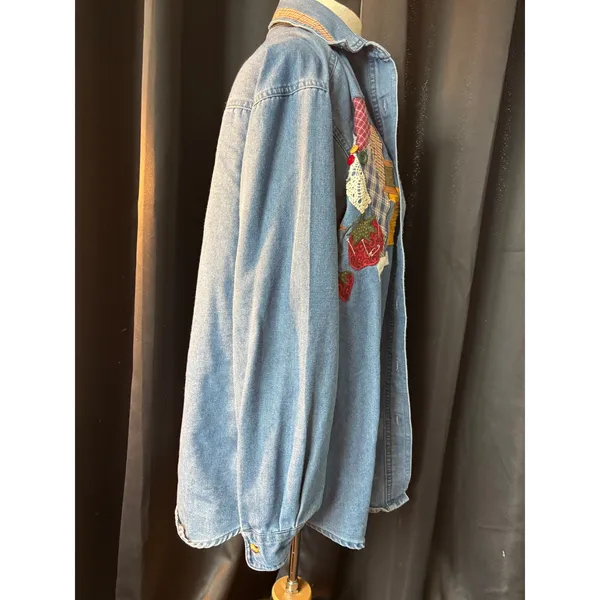 Vintage PTKV Denim Sewing Quilting Patchwork Button Down Shirt Blue Medium‎ - Image 8