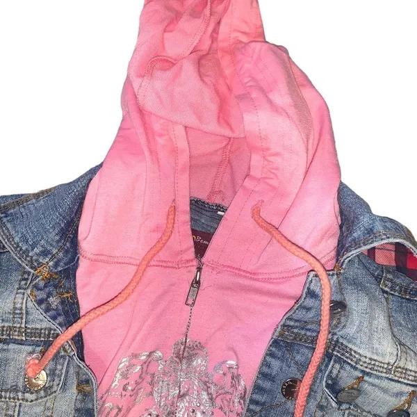 Y2k Mcbling twofer denim pink cropped hoodie jacket - Image 3