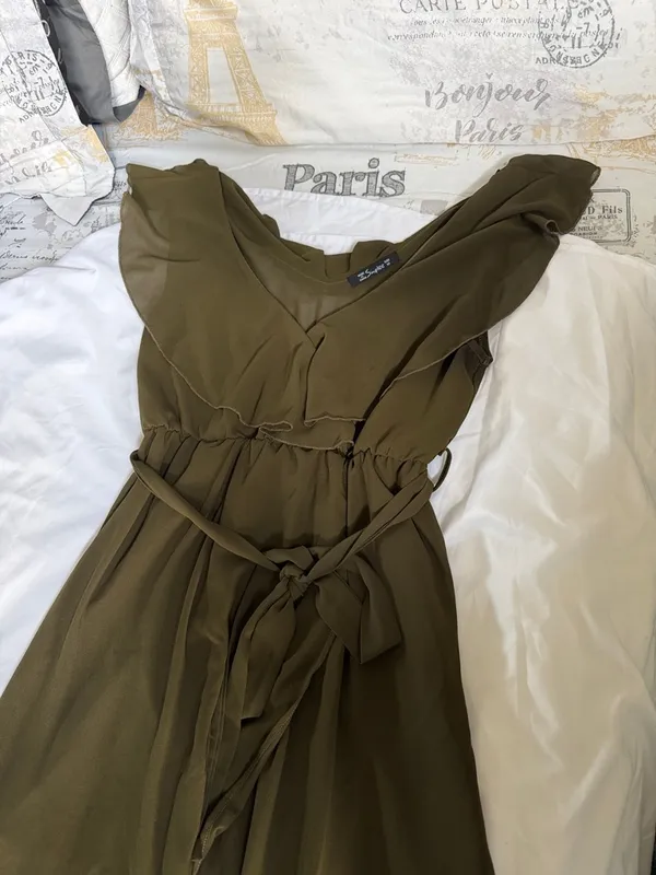 Simple Olive Green Maxi Dress with Tie Waist - Image 3