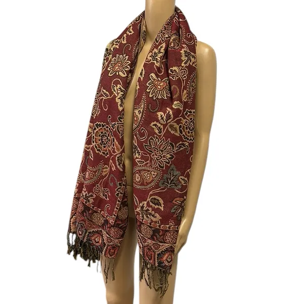 Source Unknown Burgundy Metallic Gold Paisley Print Wrap Scarf Pashmina Sarong Tapestry Fringed - Image 2