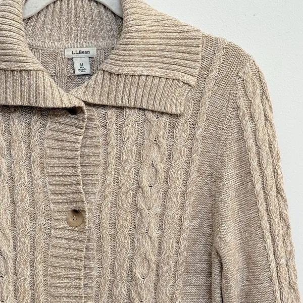 L.L. Bean Cable Knit Fisherman Cardigan Sweater Beige Cotton Button Front‎ M - Image 3