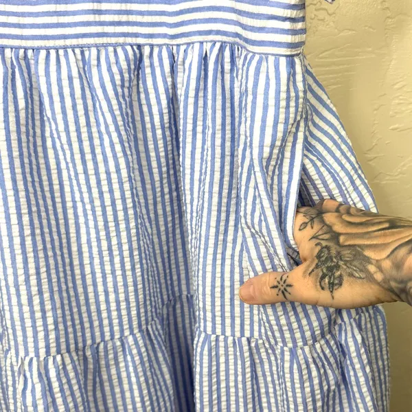 English Factory Blue White Stripe Seersucker Pattern Tier Knot Front Maxi Dress - Image 6