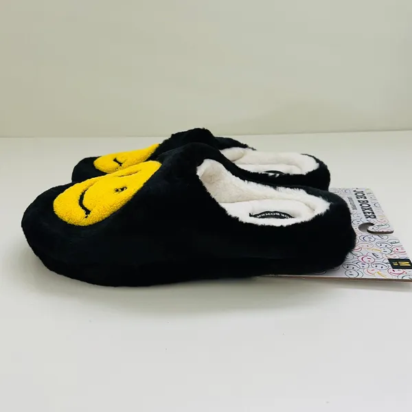 JOE BOXER Black Yellow Mr. Winkey Smiley Face Faux Fur SlipOn Slippers - M (7-8) - Image 4