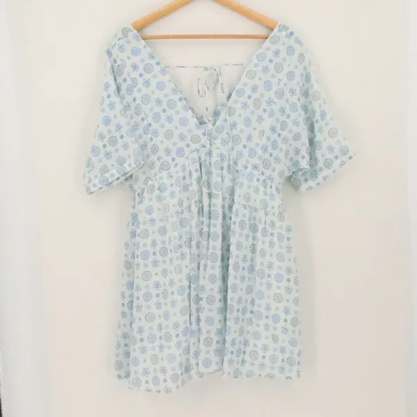 HERSY Floral Linen Blend Babydoll Mini Dress Womens Size S Blue Boho Cottage - Image 2