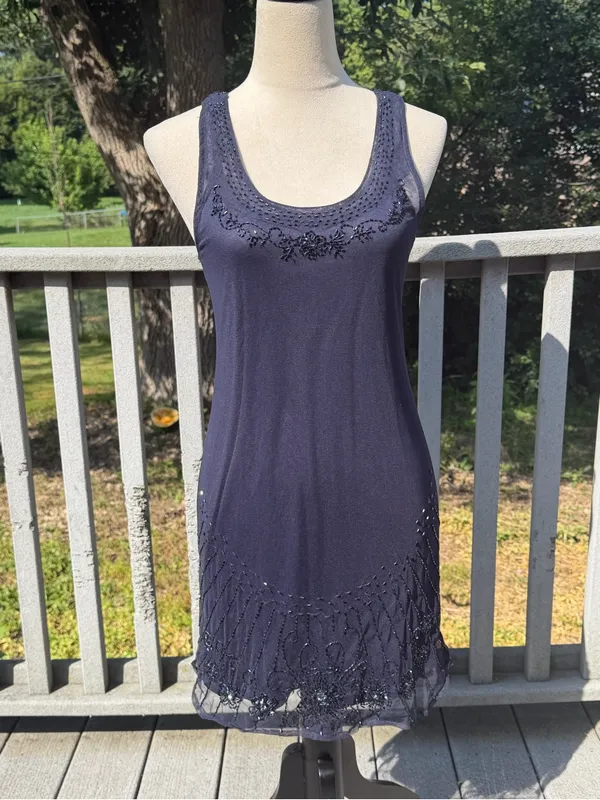 American Eagle Navy Beaded Mesh Hem Dress XS Y2K Boho Glam Embellished - Image 5