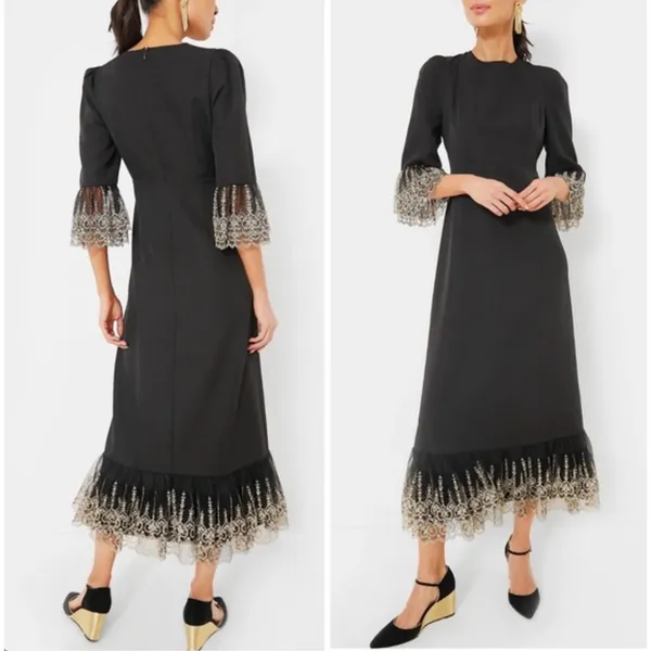 NEW Tuckernuck Pomander Place Gold Embroidered Hem Lillith Dress Black Medium - Image 3