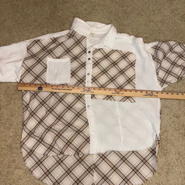 POL Plaid Button-Up Top Raw Hem gauzy‎ oversized Patchwork Shirt Small - Image 9