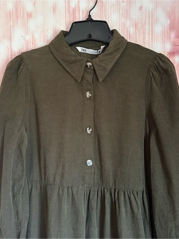 Zara Olive Green Corduroy Long Sleeve Tiered Ruffle Mini Dress Size S - Image 3