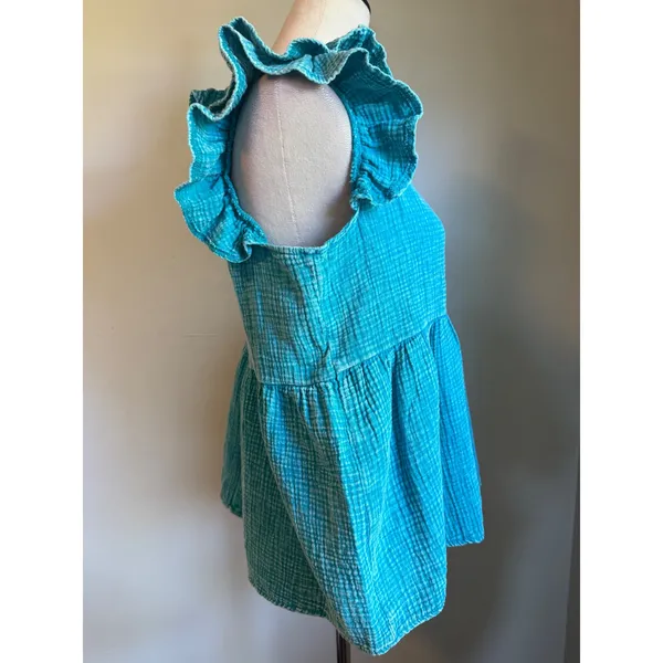 Zenana Boho Turquoise Blue Cotton cottage Y2K fairy‎ dainty Ruffle Babydoll Peplum Top - Image 3