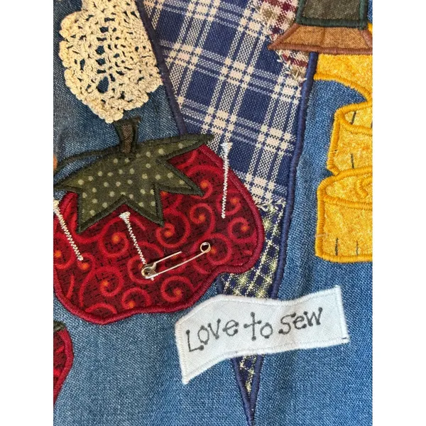 Vintage PTNY Love to Sew Denim Button Down Shirt Patchwork Embroidery Medium - Image 3