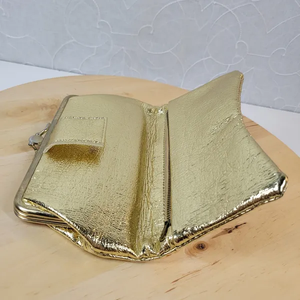 Vintage Clutch Wallet Womens 8"x5" Metallic Gold Kiss Lock Bi-Fold Evening Purse - Image 5