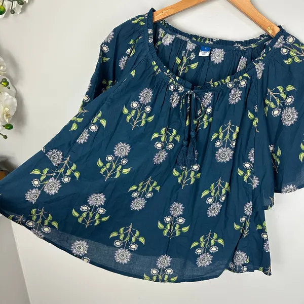 Old Navy Flutter Sleeve Tassel tie Boho Top Teal Floral Cotton Size Medium - Image 8