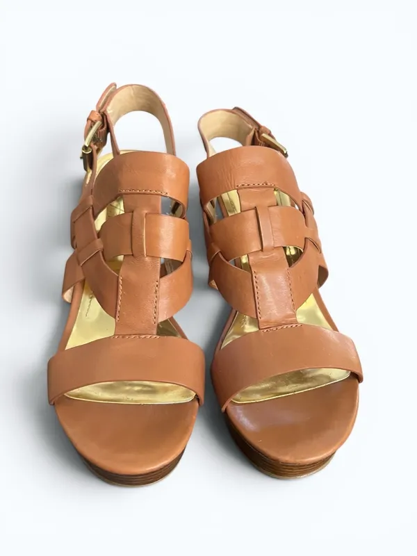 Marc Fisher Brown Leather Strappy Woven Platform Sandals Chunky Heel Sz 6.5 - Image 7