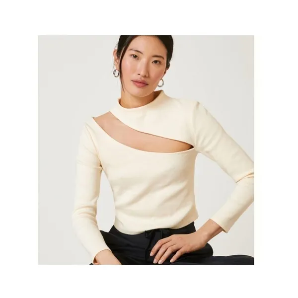 Anthropologie Cut Out‎ Neck Pullover Top Women's Size M Cream - Image 7