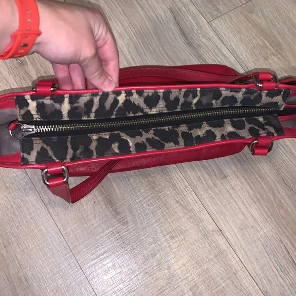 Coach Park Ocelot Leopard Print Canvas Red Leather Trim Shoulder Tote Bag - Image 7