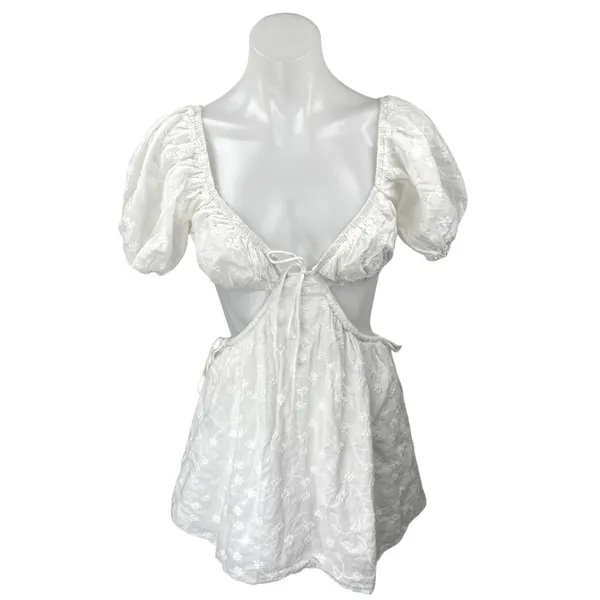 SABO Eilish White Floral Embroidered Cutout Puff Short Sleeve Mini Dress Size XS - Image 2