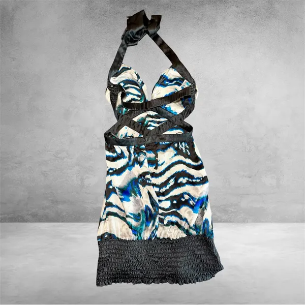 Bebe‎ 100% Silk Halter Mini Dress XS Turquoise Spotlight Y2K - Image 5