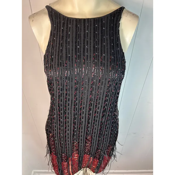 Parker Red/Black Monaco Beaded Feather Hem Flapper Mini Dress Size S - Image 5