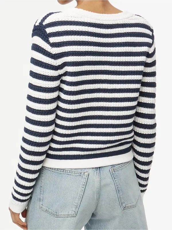 J. Crew Navy and White Striped V-Neck Button Cardigan - Image 3