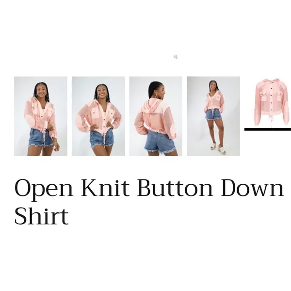 Open Knit Button Down Hooded Shirt Coral Pink‎ Mesh Drawstring Top XL - Image 3
