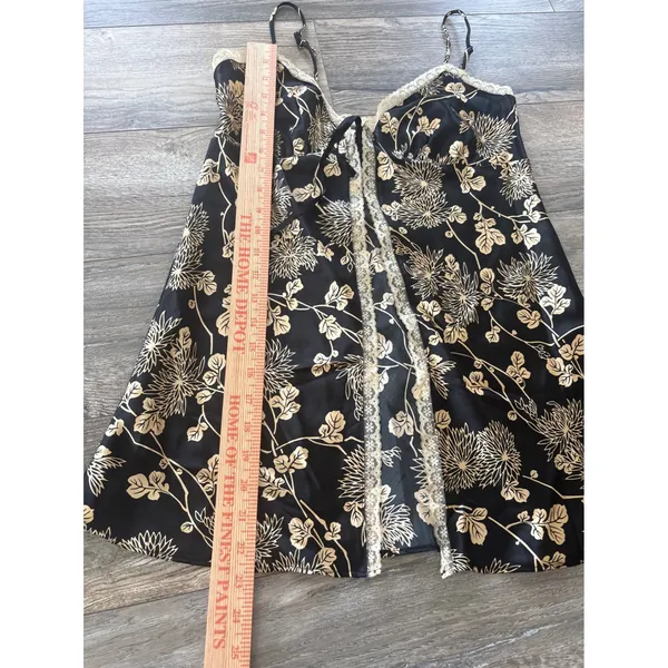 Victorias Secret Black Gold Floral Satin Lace Trim Babydoll Chemise Small - Image 2