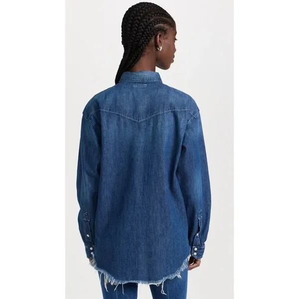 Mother The Western Cowgirl Blue Denim Jean Long Sleeve Button Raw Hem S - Image 2