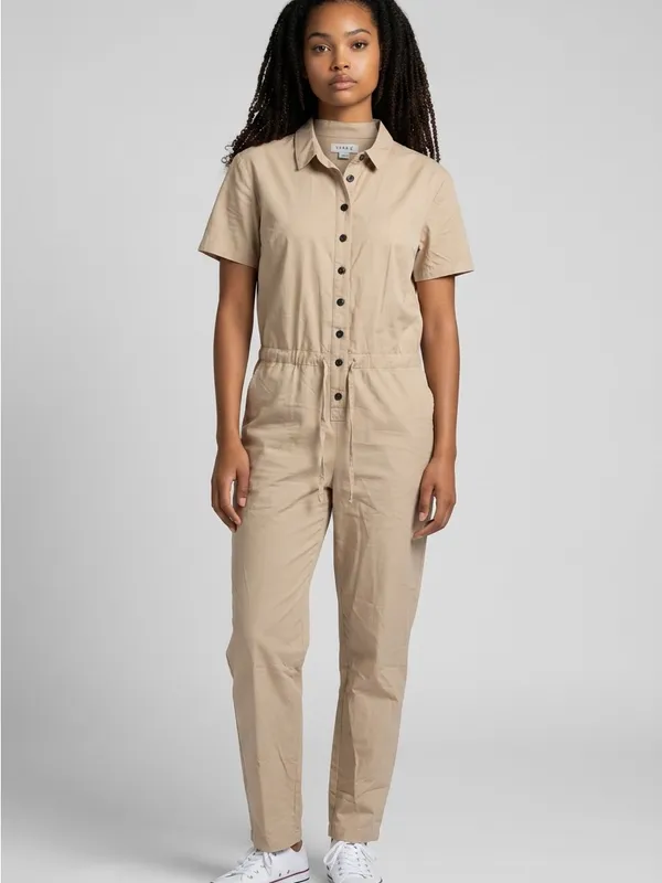 Serra Olive Short-Sleeve Button-Front Jumpsuit - Image 2