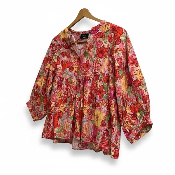 VICI Red Floral‎ Babydoll Top Medium 3/4 Balloon Sleeve Empire Waist Size M - Image 2