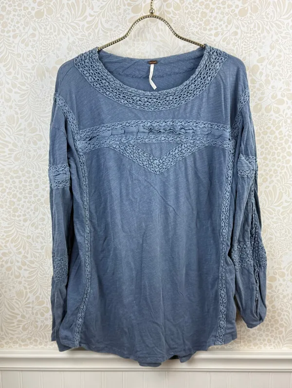 Free People Blue Oversized 100% Cotton Crochet Long Sleeve Shirt - Size - XS - Image 8