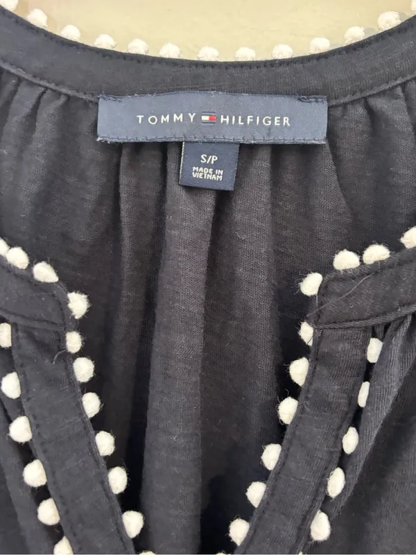 Tommy Hilfiger Navy Short-Sleeve Top with White Pom-Pom Trim Size Small - Image 4
