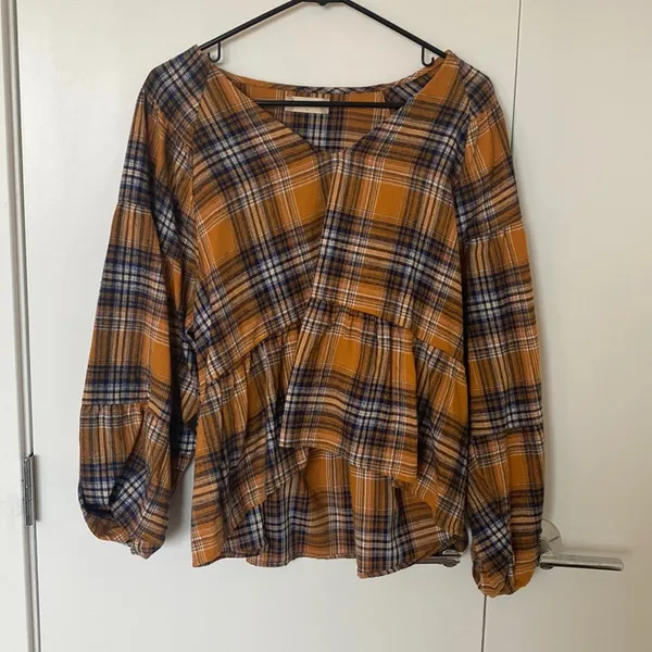 Altar'd State V neck Mustard colored blouse with blue detailing. Size small - Image 2