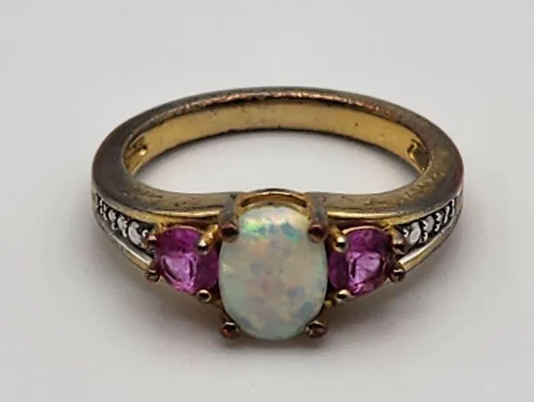 Kiran Jewelers Gold Tone White Fire Opal, Pink Topaz, & Diamond Ring (7) - Image 5
